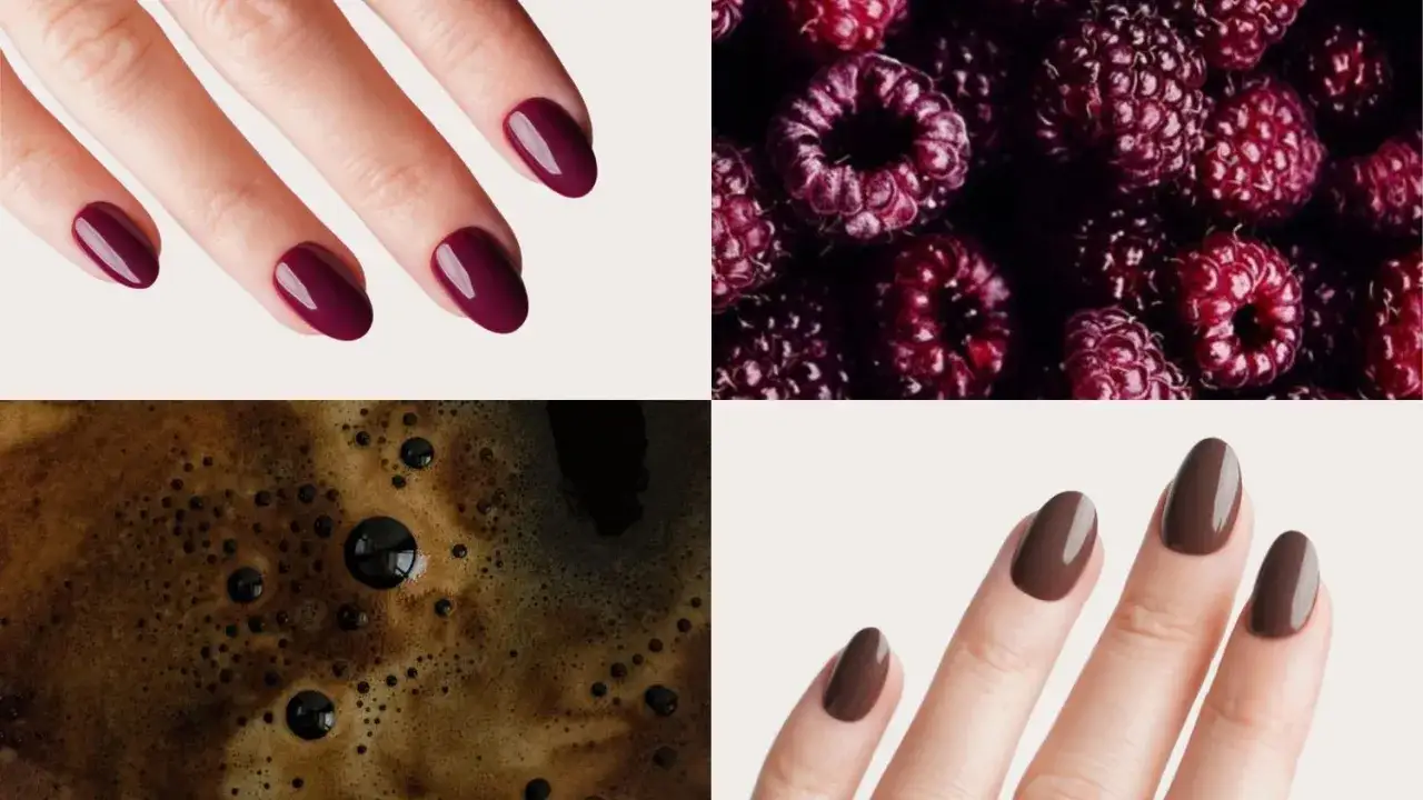 Manicure con unghie color lampone e caffè. I colori delle unghie evocano sapori intensi.