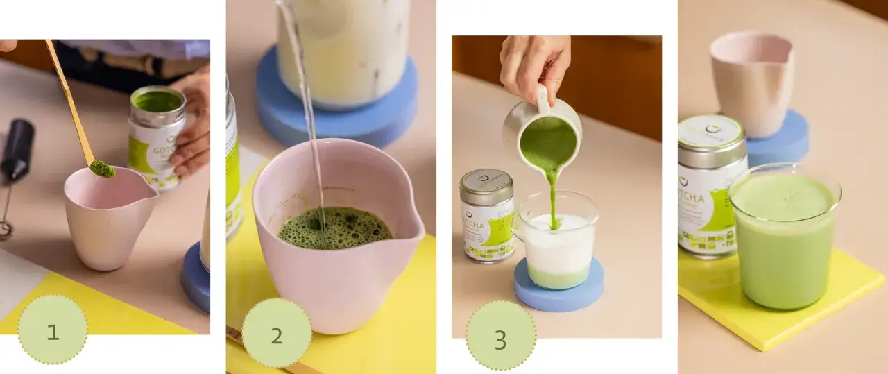Preparazione di un matcha latte: polvere verde in una ciotola, aggiunta di acqua, versamento della miscela su latte e il risultato finale in un bicchiere.