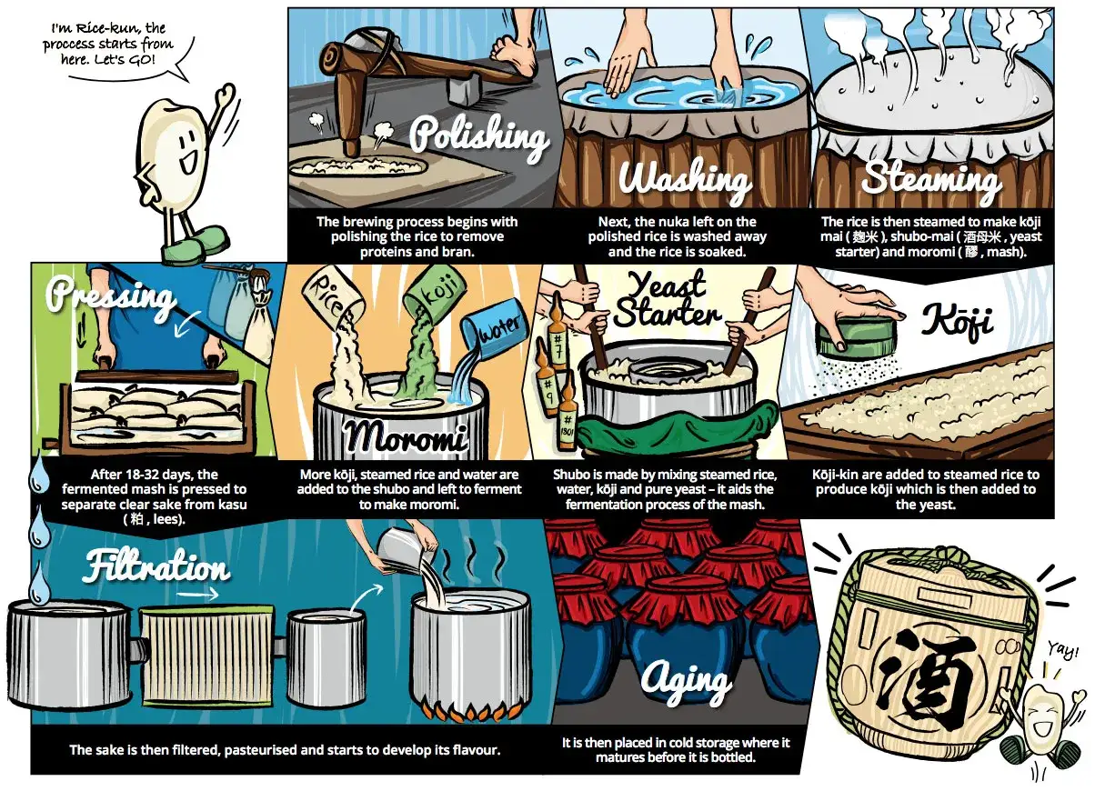 Ilustracja pokazuje proces produkcji sake: polerowanie, płukanie, parowanie ryżu, dodawanie koji, fermentację, prasowanie, filtrację, starzenie.