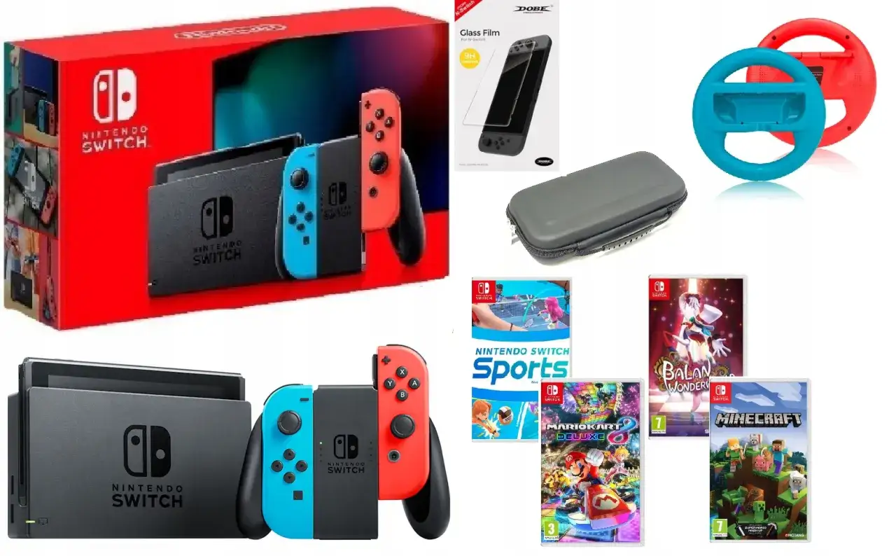 Zestaw Nintendo Switch z grami: Sports, Mario Kart 8 Deluxe, Balan Wonderworld i Minecraft. W zestawie także kierownica i etui.