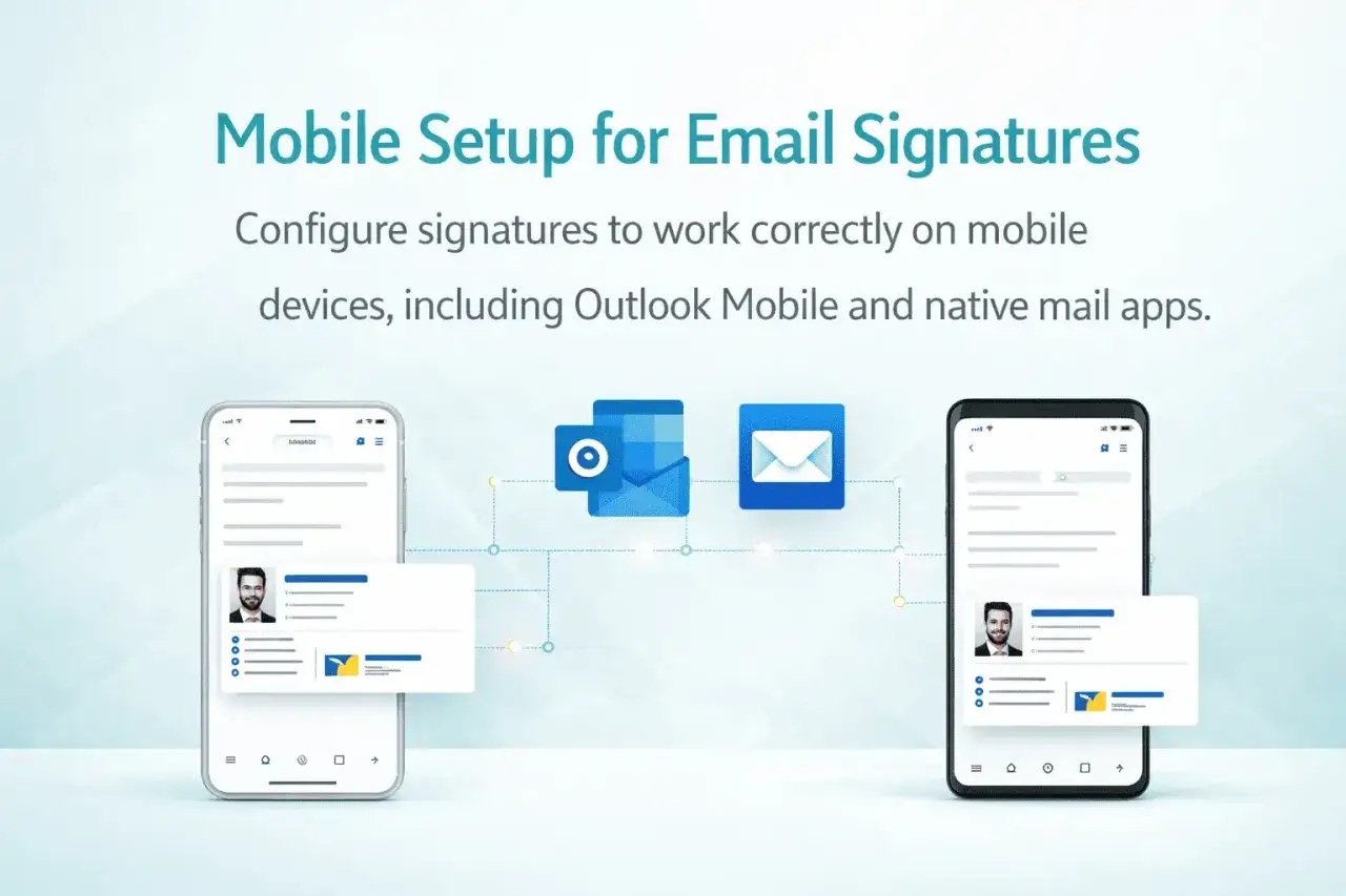 Dwa telefony z widoczną skrzynką pocztową i podpisami e-mail. Ikony Outlook i koperty symbolizują konfigurację poczty mobilnej.