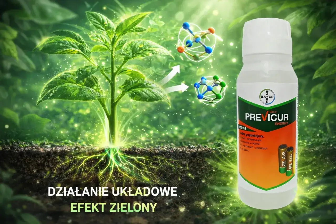 Zdrowa, zielona roślina z widocznymi korzeniami i butelką Previcur Energy. Dowiedz się o previcur dawkowanie dla optymalnego wzrostu.