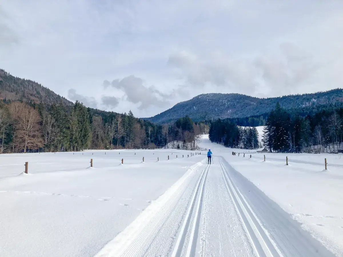 Langlauf-Spaß auf den Loipen Bayerns. Eine Person gleitet auf gespurter Loipe durch eine verschneite Winterlandschaft mit Wäldern und Bergen.
