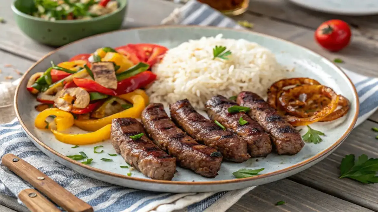 Saftige cevapcici im backofen, serviert mit Reis, gebratenem Gemüse und Zitronenspalten.