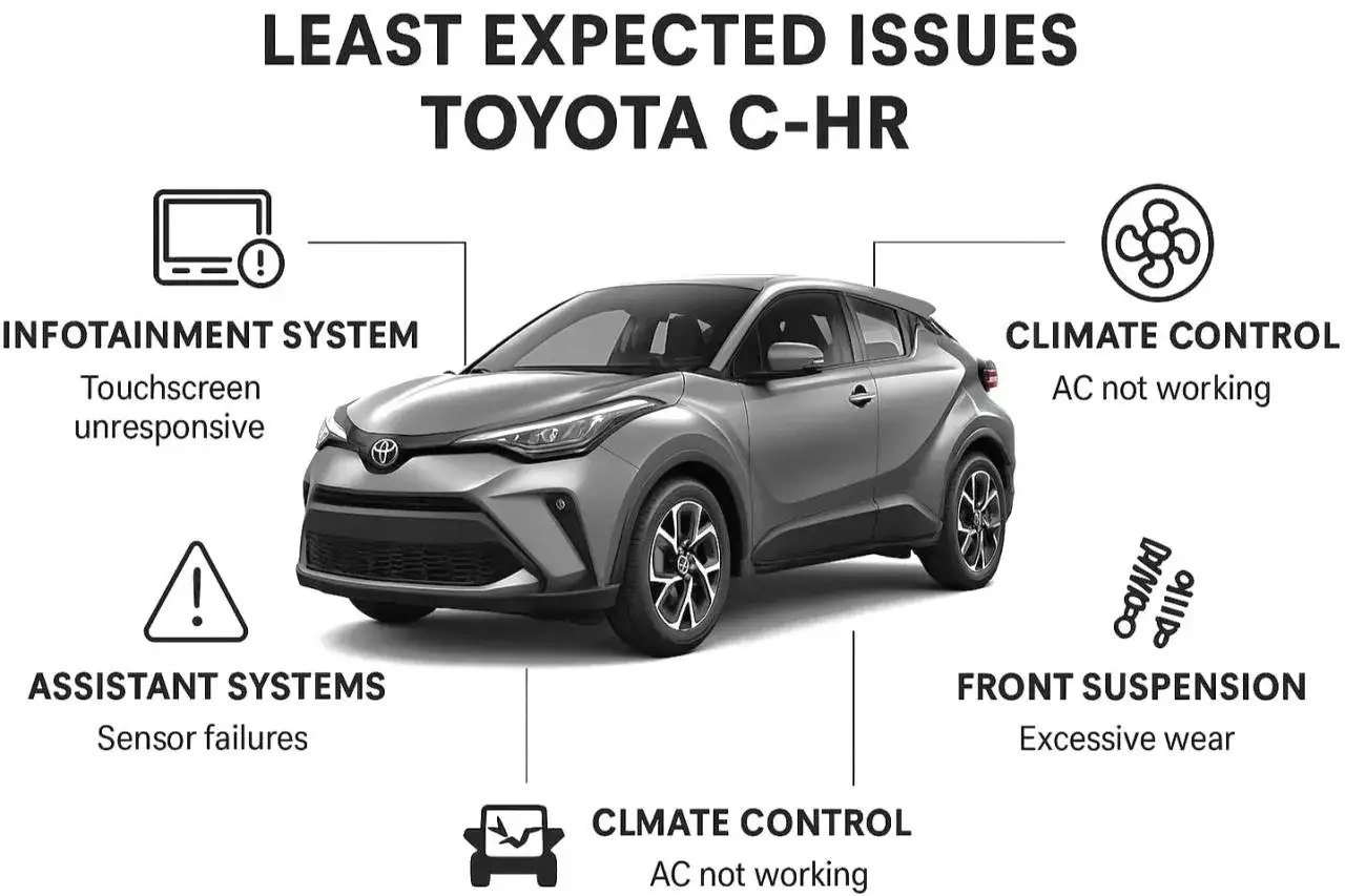 Toyota C-HR: vanliga problem med infotainmentsystem, klimatanl&auml;ggning, assistanssystem och framfj&auml;dring.