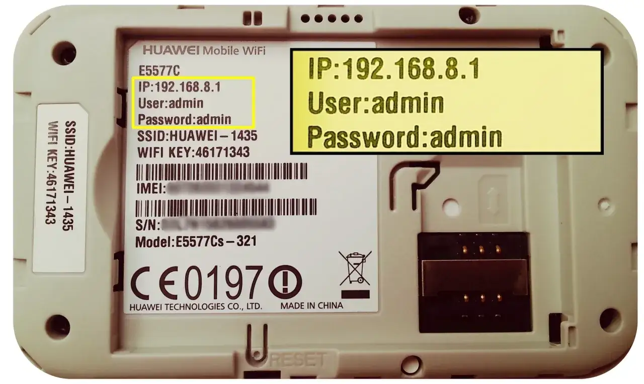 Dane logowania do routera Huawei: IP 192.168.8.1, User: admin, Password: admin. SSID i klucz WiFi widoczne.