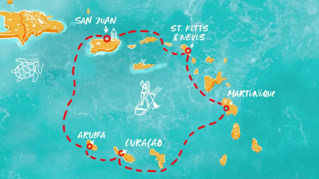 Karta visar en rutt genom Karibien, fr&aring;n San Juan till Martinique, med stopp p&aring; Aruba och Curacao.