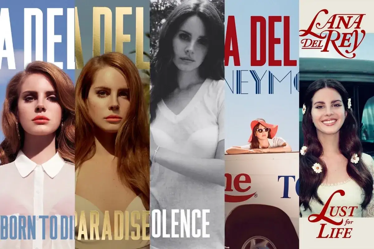 Montaggio di copertine di album di Lana Del Rey: Born to Die, Paradise, Ultraviolence, Honeymoon e Lust for Life.