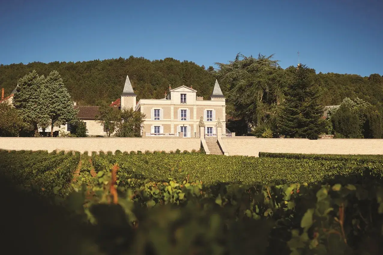 Le ch&acirc;teau de Prosper Maufoux, entour&eacute; de vignobles verdoyants, se dresse majestueusement sous un ciel bleu clair.
