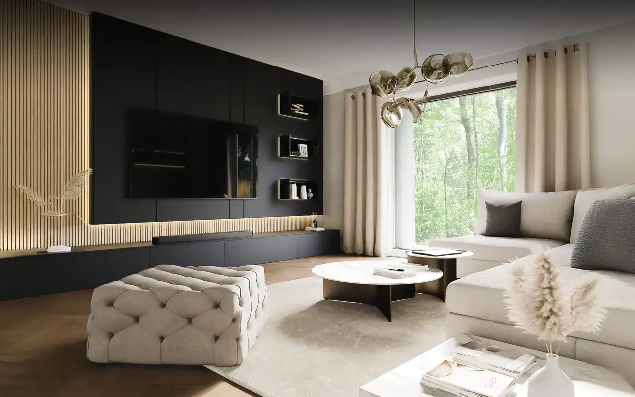 Modernes wohnzimmer einrichten mit beiger Couch, schwarzer Wand und Holzakzenten. Ein großer Hocker und ein runder Couchtisch laden zum Entspannen ein.
