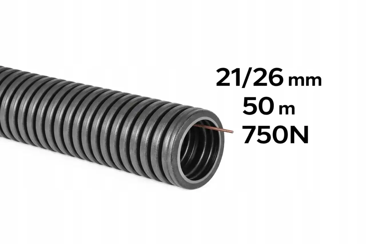 Czarny peszel, elastyczna rura ochronna do kabli, o średnicy 21/26 mm i długości 50 m. Wytrzymałość 750N.