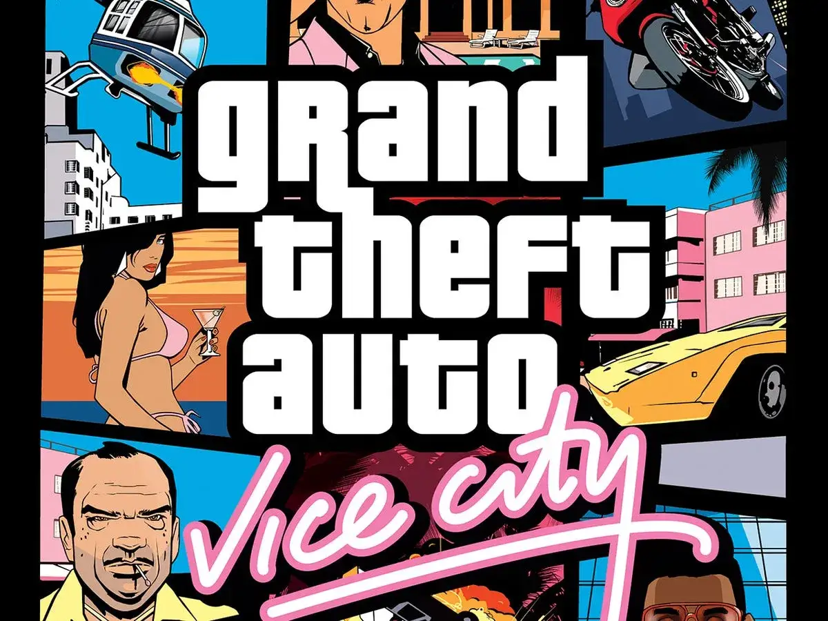 Okładka GTA Vice City z helikopterem, kobietą w bikini, ż&oacute;łtym autem i napisem 