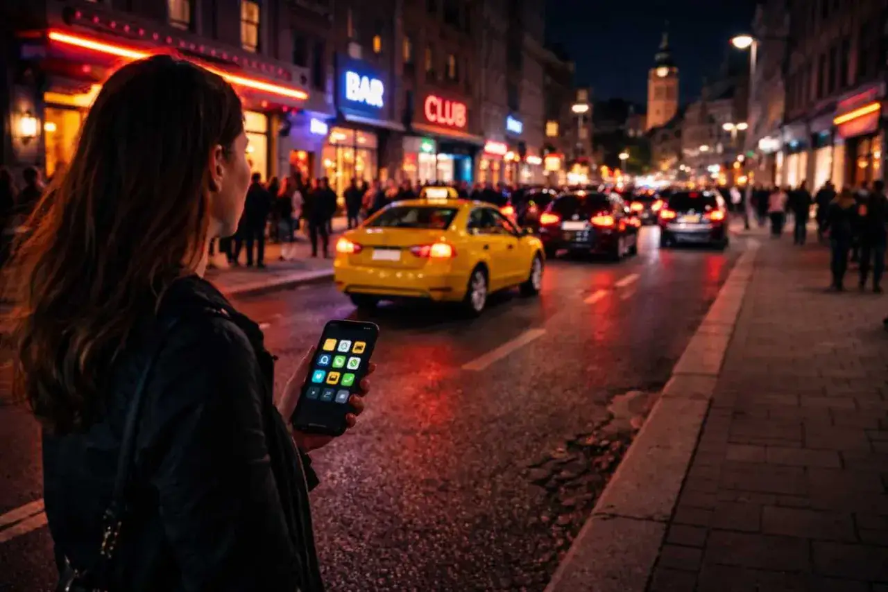 Frau hält Smartphone mit App-Icons, wartet auf Fahrt. Gelber Taxi fährt vorbei. Free now vs Uber.