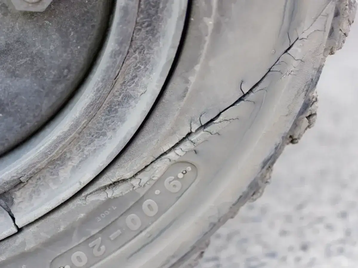 Gomme screpolate battistrada con profonde fessure, segno di usura e degrado.
