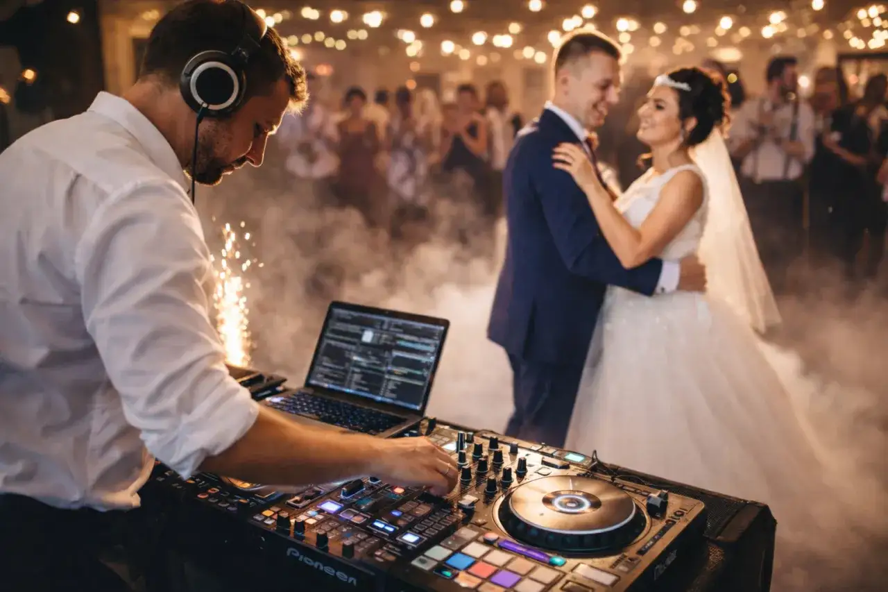 DJ gra na weselu, para młoda tańczy. Zastanawiasz się, ile za osobę na wesele?