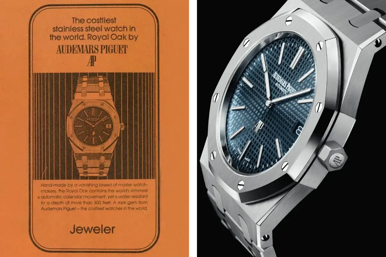 Reloj Audemars Piguet Royal Oak, un ícono de **acero inoxidable** con esfera azul texturizada y brazalete a juego.