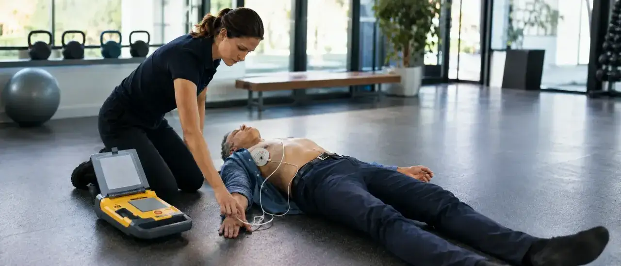 Eine Frau kniet neben einem Mann, der auf dem Boden liegt. Sie bereitet sich darauf vor, ihn zu reanimieren, indem sie ein Defibrillator-Gerät benutzt.