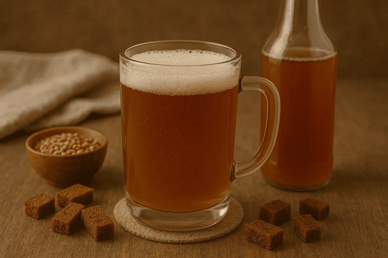 Szklanka kwasu chlebowego z pianką, obok butelka, miseczka z ziarnami i kawałki chleba. Czy kwas chlebowy ma alkohol?