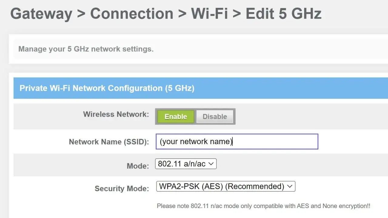 Einstellungen f&uuml;r die wlan-sicherheit: Netzwerkname und WPA2-PSK (AES) f&uuml;r 5 GHz-Netzwerk.