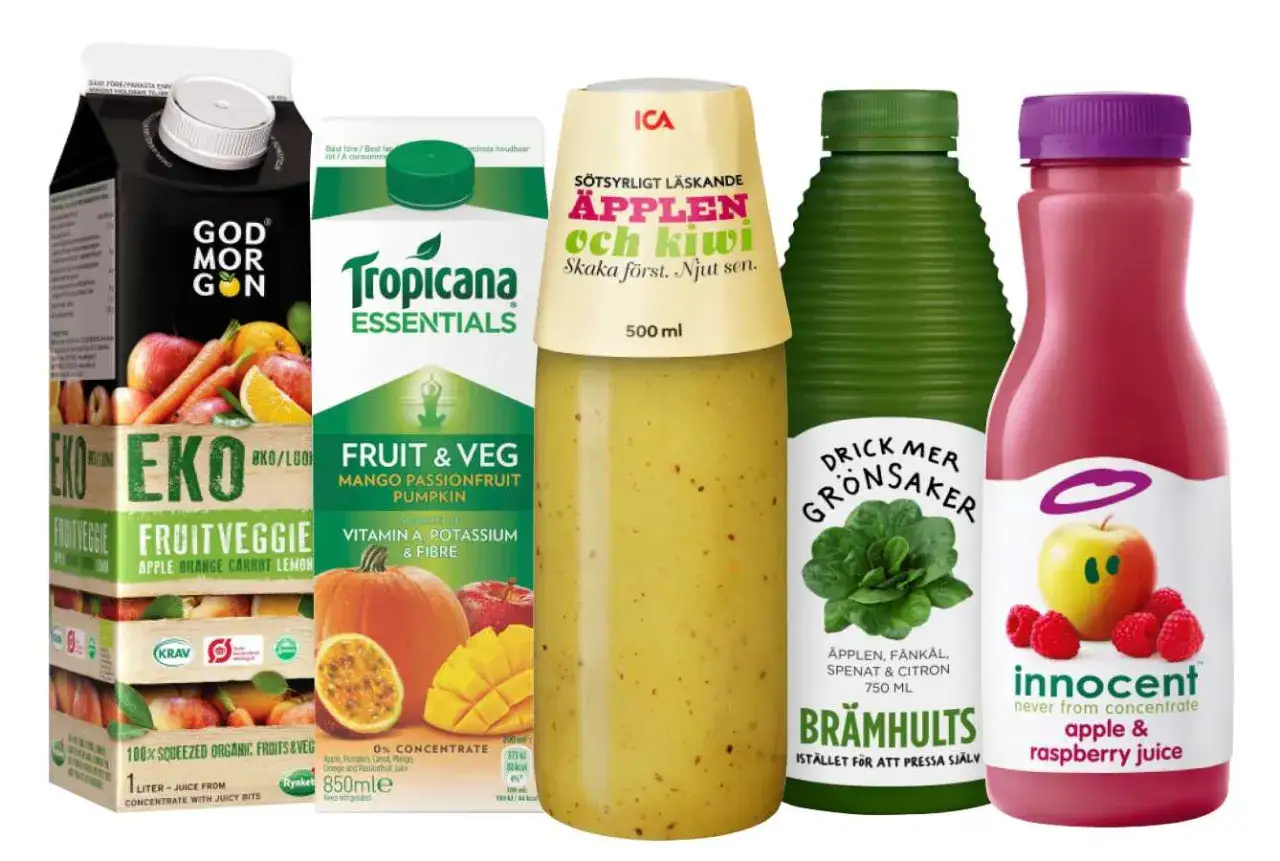 Sju olika juicer och smoothies, inklusive äppel- och kiwijuice, med fokus på frukt och grönsaker.
