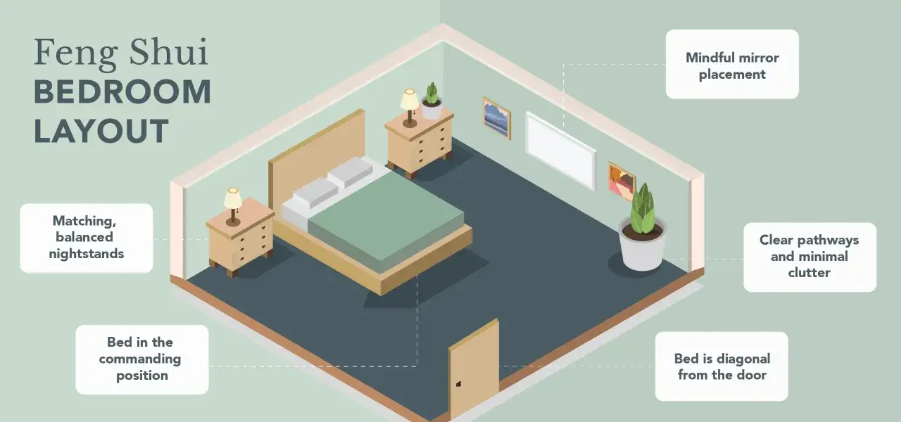 Bedroom layout with a bed in the commanding position, diagonal from the door, matching nightstands, mindful mirror placement, and clear pathways.