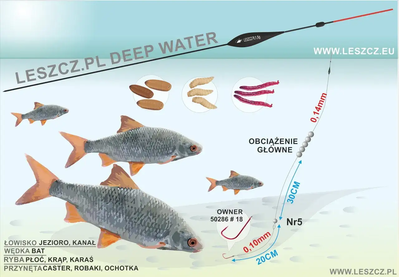 Zestaw na płoć: spławik, haczyk Nr5, żyłka 0,14mm, przynęty: caster, robaki, ochotka. Idealny na jezioro i kanał.