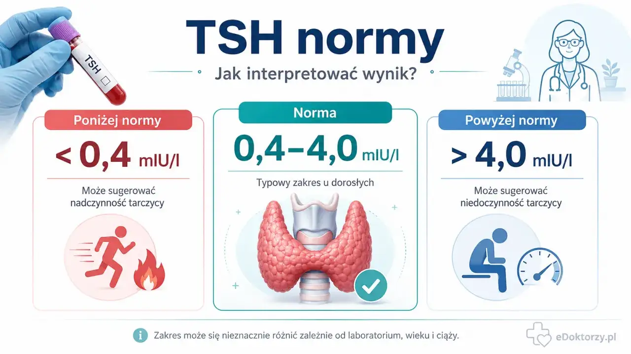 Grafika przedstawia normy TSH: poniżej normy (<0,4 mIU/I) sugeruje nadczynność, norma (0,4-4,0 mIU/I) to typowy zakres, a powyżej normy (>4,0 mIU/I) może oznaczać niedoczynność.
