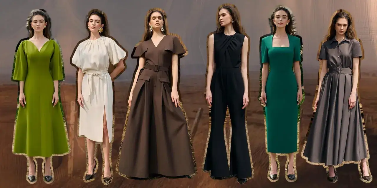 Sześć kobiet w eleganckich sukniach i kombinezonie na tle krajobrazu. Stylizacje nawiązują do mody rustykalnej.