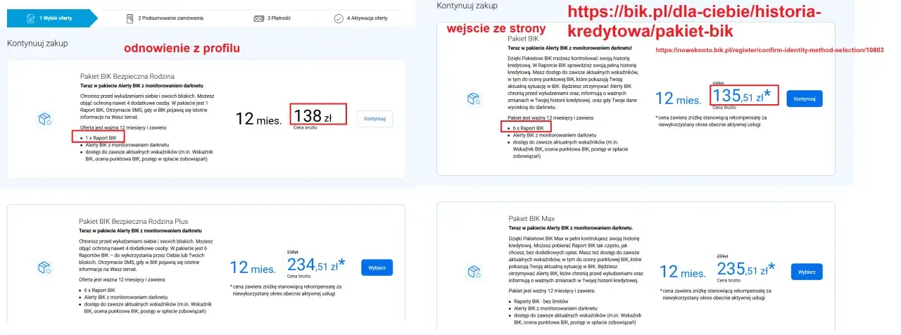 Oferty pakietów BIK: Bezpieczna Rodzina (1x Raport BIK, alerty BIK) za 138 zł, Bezpieczna Rodzina Plus (6x Raport BIK, alerty BIK) za 234,51 zł, BIK Max (bez limitu Raport BIK, alerty BIK).