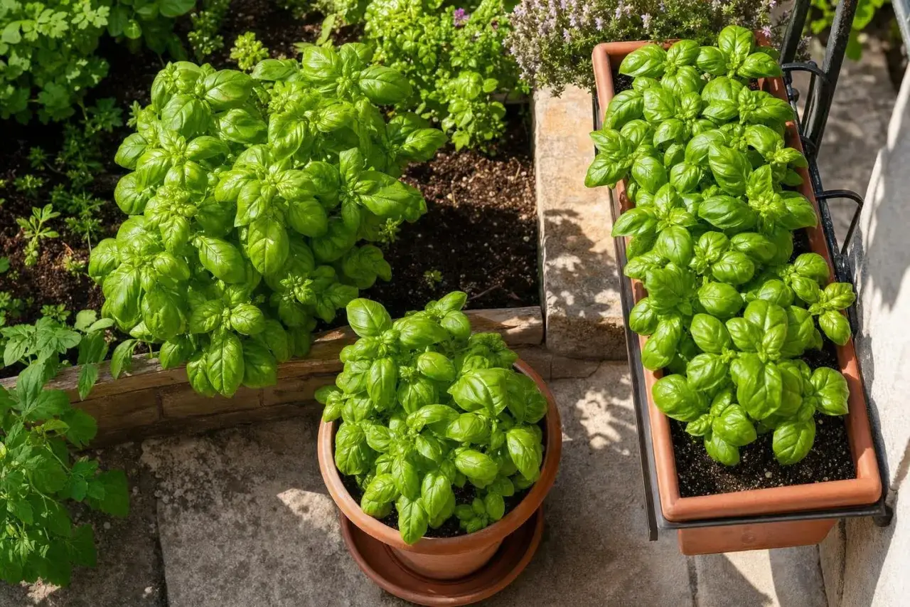 Arrosage basilic : de jeunes plants de basilic luxuriants poussent dans des pots et un bac à fleurs, prêts à être récoltés.