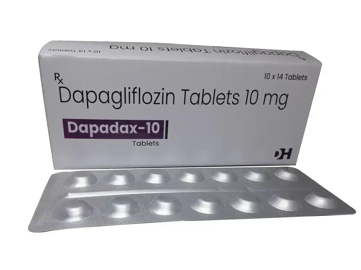 Opakowanie leku Dapadax-10 zawierające 14 tabletek Dapagliflozyny 10 mg, pomocne w leczeniu cukrzycy typu 2, podobnie jak inne leki z grupy diaflix.