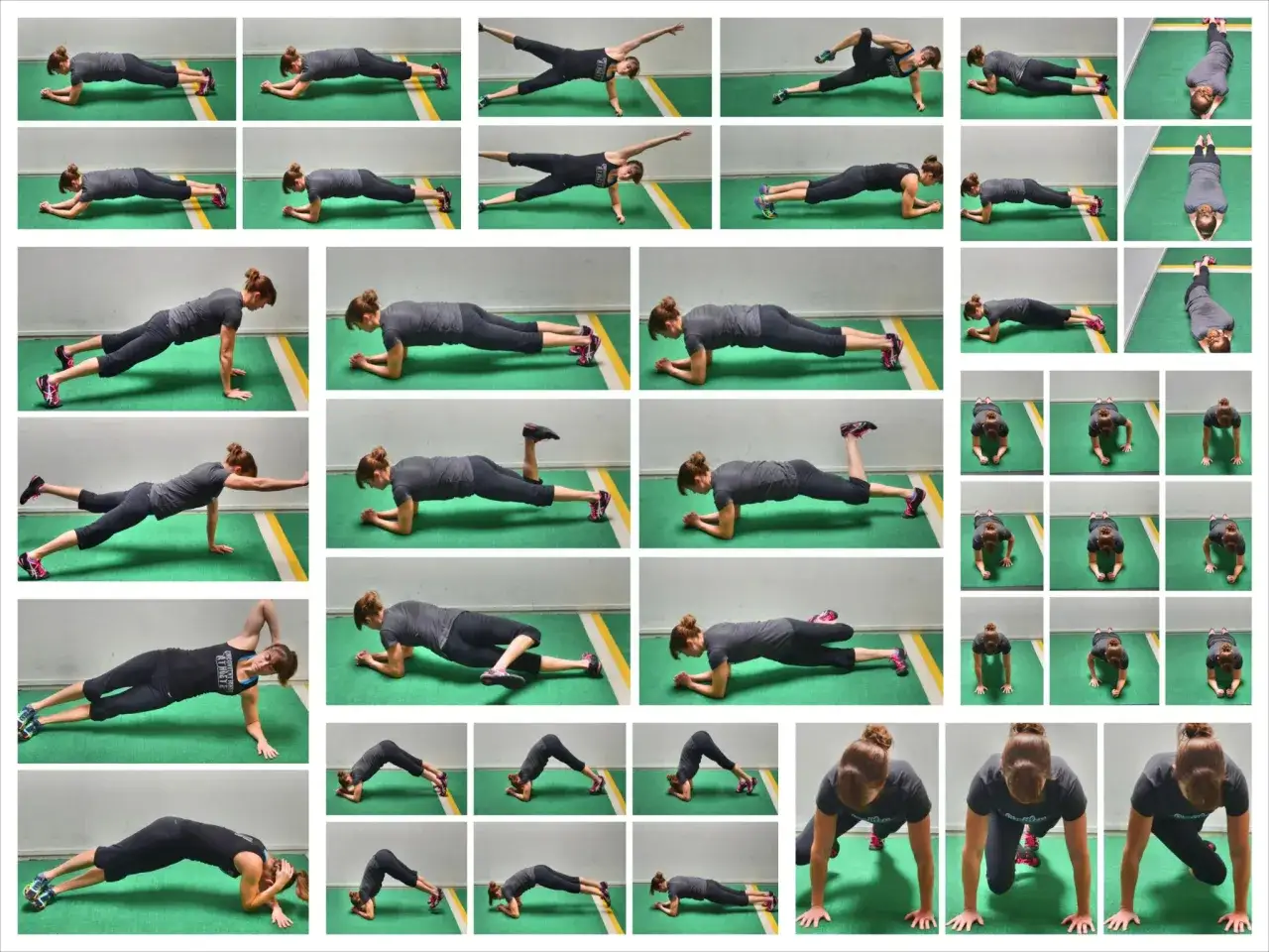 Collage di vari tipi di plank: da quello classico a terra, a quelli laterali, con gambe sollevate e varianti dinamiche per allenare il core.