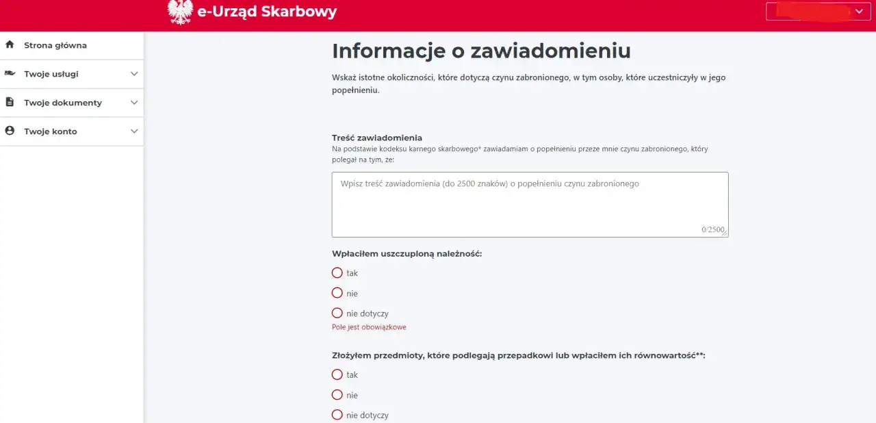 Formularz e-Urzędu Skarbowego do zgłoszenia czynu zabronionego. Użytkownik wypełnia treść zawiadomienia i zaznacza, czy wpłacił należność.