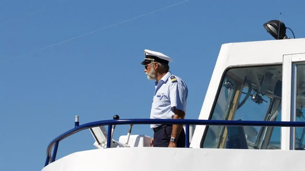 Kapitan na mostku statku, zastanawia się, ile zarabia marynarz.