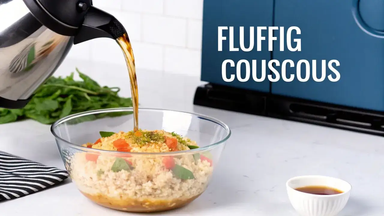 Varm buljong hälls över fluffig couscous med grönsaker i en glasskål.
