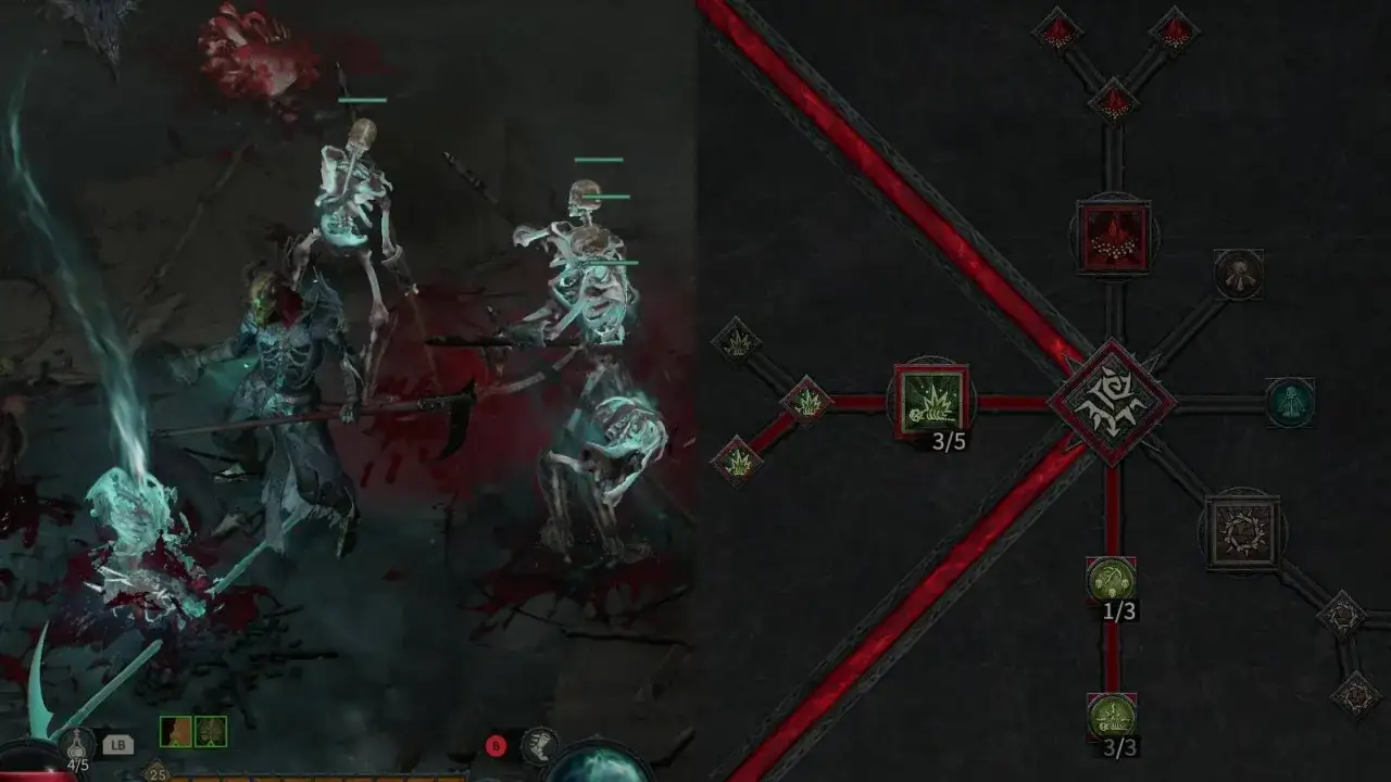 Nekromanta w Diablo 4 przyzywa szkielety do walki, a obok widać drzewko umiejętności z zaznaczonymi punktami rozwoju.