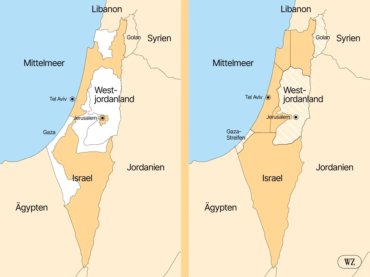 Karten zeigen die Entstehung Israels: links der Zustand vor 1967, rechts nach dem Sechstagekrieg mit dem Westjordanland und Gaza.