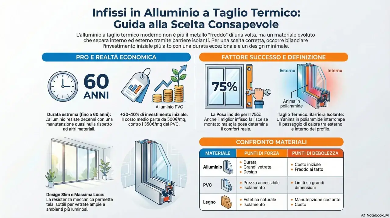 Infissi in alluminio a taglio termico: guida alla scelta. Durata 60 anni, design slim, isolamento termico.