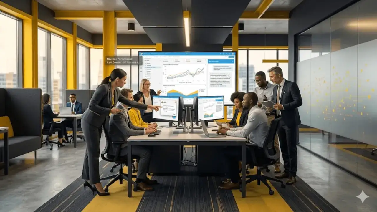 Equipo colabora en una sala moderna, analizando gr&aacute;ficos en pantallas. Su **estrategia de datos** impulsa el &eacute;xito.