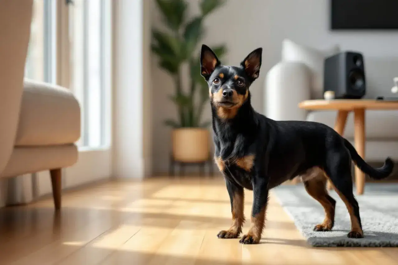 Petit chien noir et brun, l'air attentif, dans un salon lumineux. Peut-être écoute-t-il de la musique pour chien qui aboie pour se calmer.