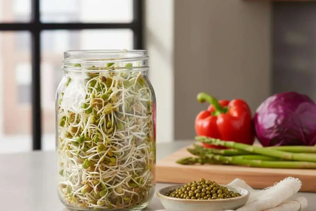 Un bocal rempli de pousses de haricots mungo, parfaites pour savoir quelles graines faire germer pour manger. L&eacute;gumes frais en arri&egrave;re-plan.