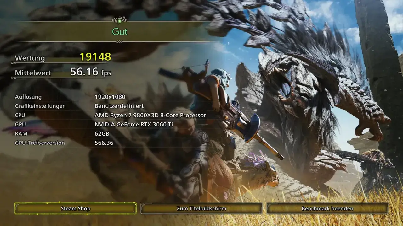 Wynik benchmarku: 56.16 FPS. Sprawdź ustawienia graficzne, aby dowiedzieć się, jak zwiększyć FPS w grach.