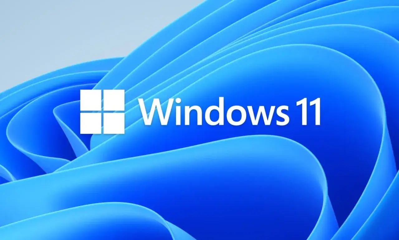 Logo Windows 11 na tle falujących, niebieskich kształtów.