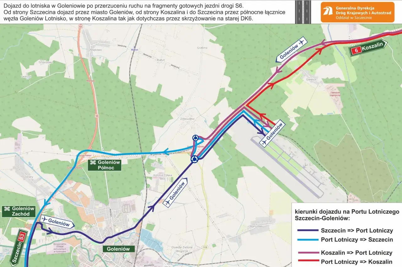 Mapa pokazuje dojazd do lotniska w Goleniowie. Kolorowe linie wskazują trasy ze Szczecina i Koszalina.
