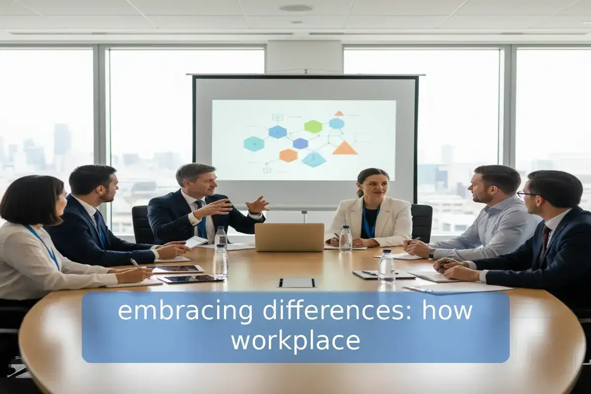 A diverse team discusses a colorful diagram on a projector screen, embodying the inclusion definition of valuing different perspectives in the workplace.