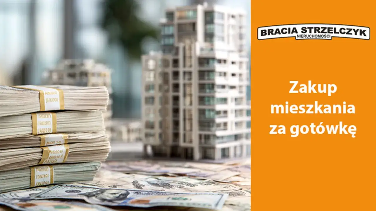 Kupno mieszkania za gotówkę to marzenie wielu. Stosy pieniędzy i nowoczesny budynek symbolizują łatwy zakup nieruchomości.