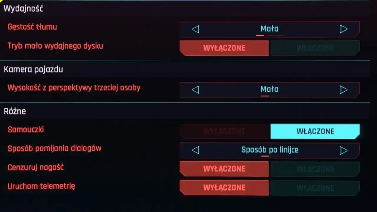 Ustawienia gry Cyberpunk 2077: gęstość tłumu, kamera pojazdu, samouczki, sposób pomijania dialogów. Dostępny jest polski dubbing.