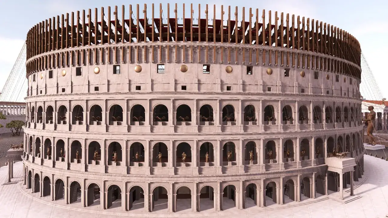 Le Colis&eacute;e de Rome avant sa destruction, avec ses statues et sa structure intacte.