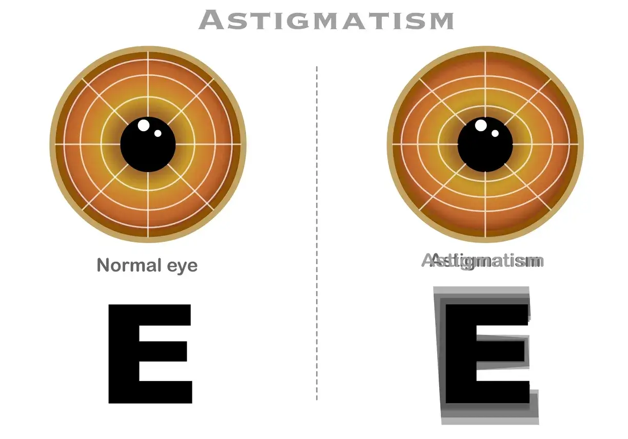 Porównanie oka normalnego i z astygmatyzmem. Test na astygmatyzm pokazuje zamazaną literę E.
