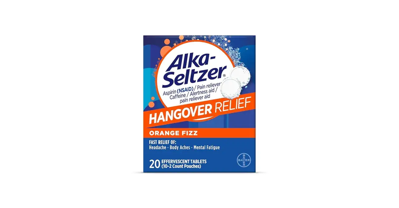 Alka-Seltzer Hangover Relief, tabletka na ból głowy po alkoholu, pomarańczowy smak, 20 tabletek musujących. Szybka ulga w bólu głowy, bólach ciała i zmęczeniu umysłowym.